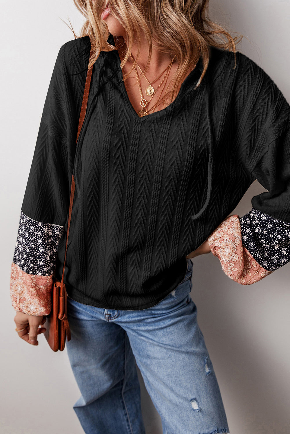 Floral Colorblock Textured V-Neck Blouse