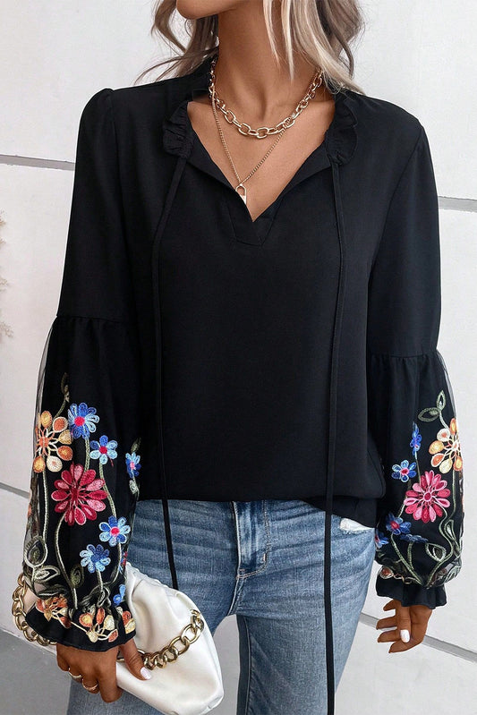 Floral Embroidered Flounce Sleeve Blouse