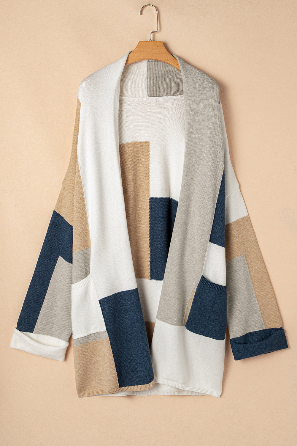 Plus Size Colorblock Open Front Pocketed Cardigan