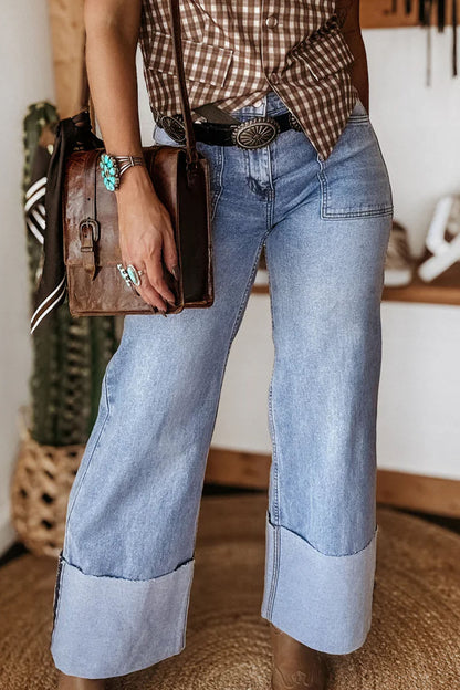 Denim Turn-Up Cuffs Wide Leg Jeans