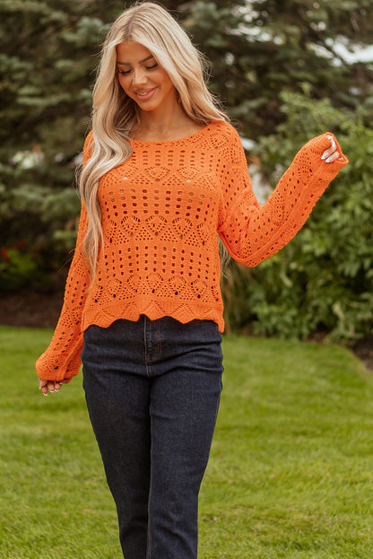 Solid Open Crochet Scallop Edge Sweater