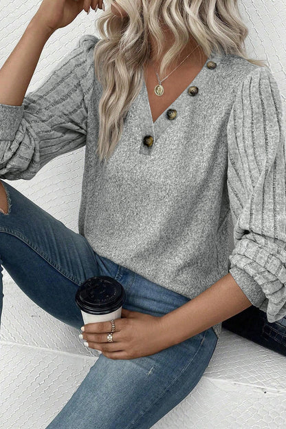 Ribbed Puff Sleeve V-Neck Top