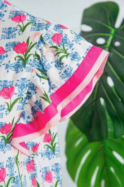 Floral Colorblock Flutter Sleeve Half Button Blouse