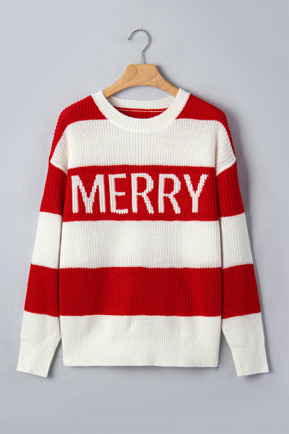 Christmas MERRY Stripe Drop Shoulder Loose Knit Sweater