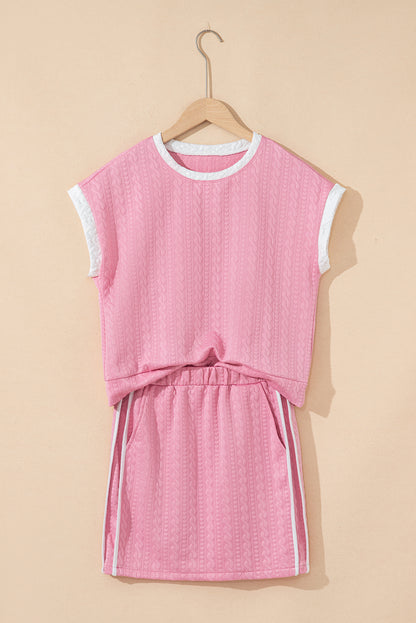 Textured Contrast Trim Crewneck Tee & Pocketed Skirt Set