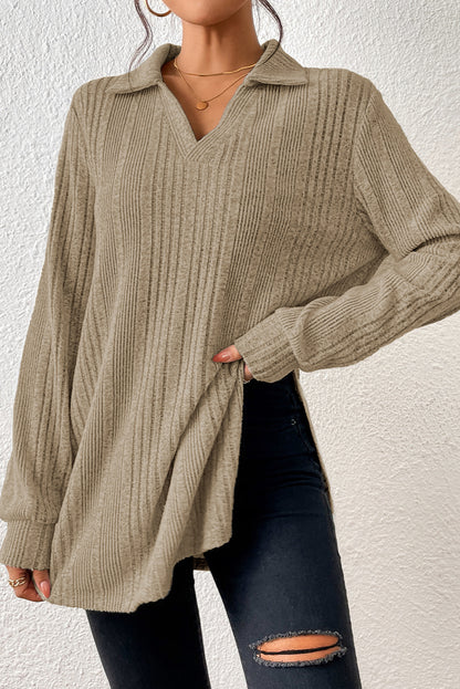 Ribbed Collared V-Neck Tunic