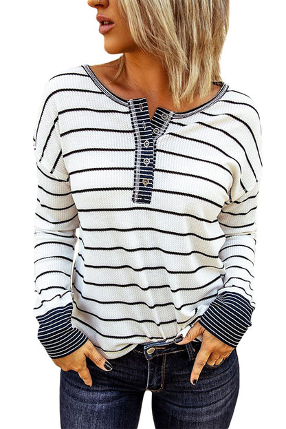 Stripe Waffle Buttoned Henley Shirt