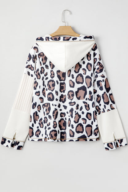 Leopard Waffle Knit Patchwork Zip Up Hoodie