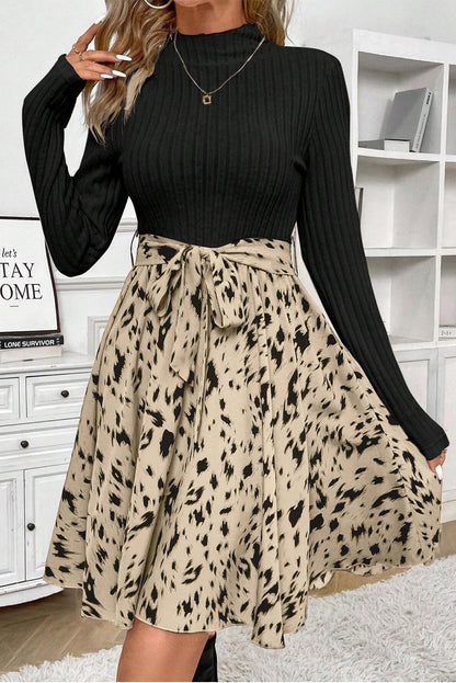 Leopard Patchwork Ribbed Belted Dress