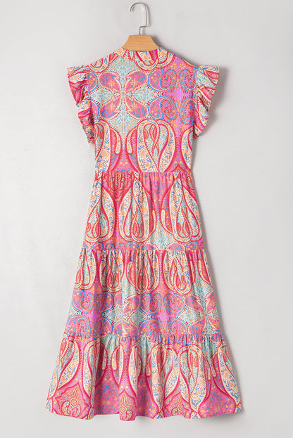 Tribal Paisley Ruffle Sleeve Notch Neck Midi Dress