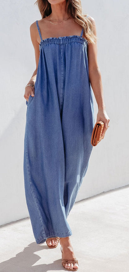 Denim Wide Leg Jumpsuit w/Pockets