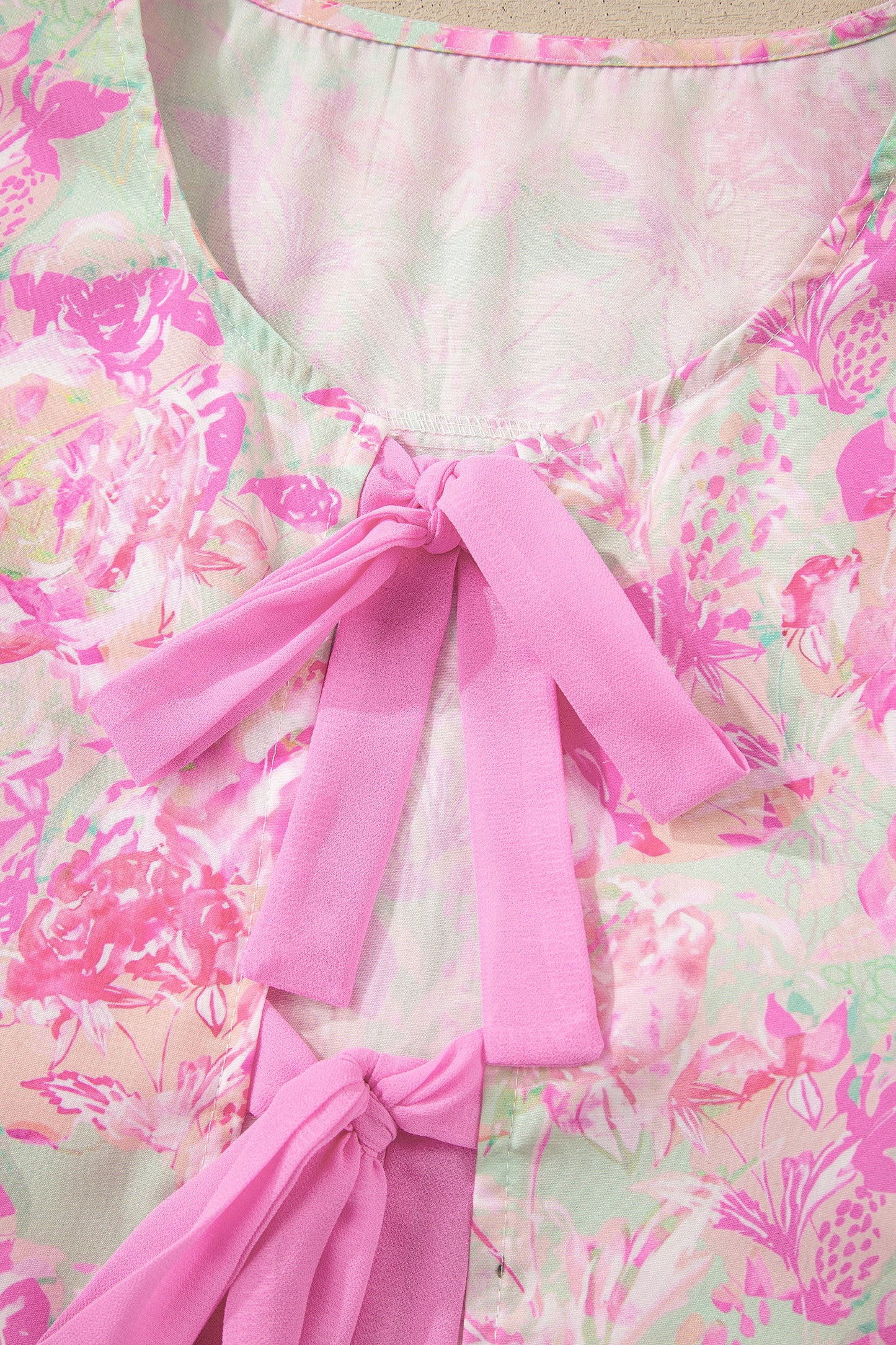 Floral Ribbon Tie Front Puff Sleeve Blouse