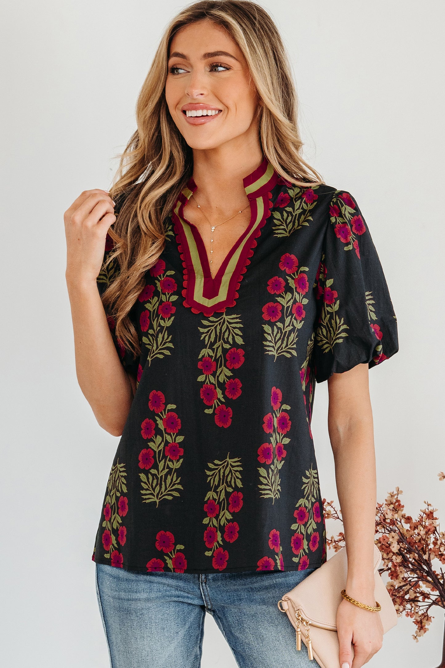 Floral Contrast Slit V-Neck Short Bubble Sleeve Blouse