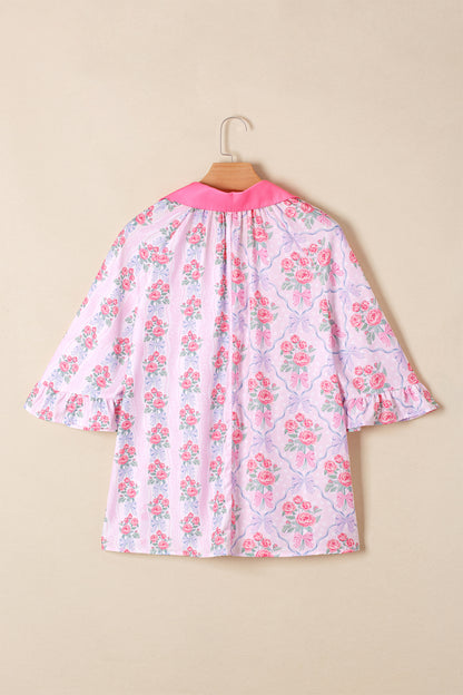 Floral Collared V-Neck Ruffle 3/4 Sleeve Shirt
