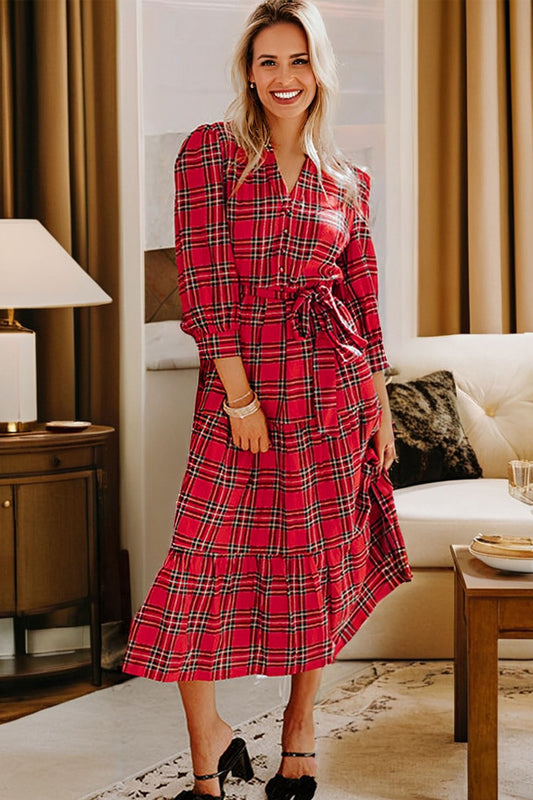 Christmas Plaid V-Neck Tie Waist Ruffle Hem Dress