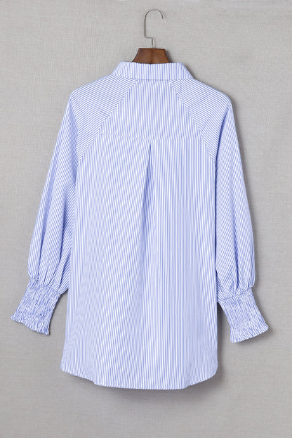 Stripe Smocked Long Sleeve Button-Up Shirt
