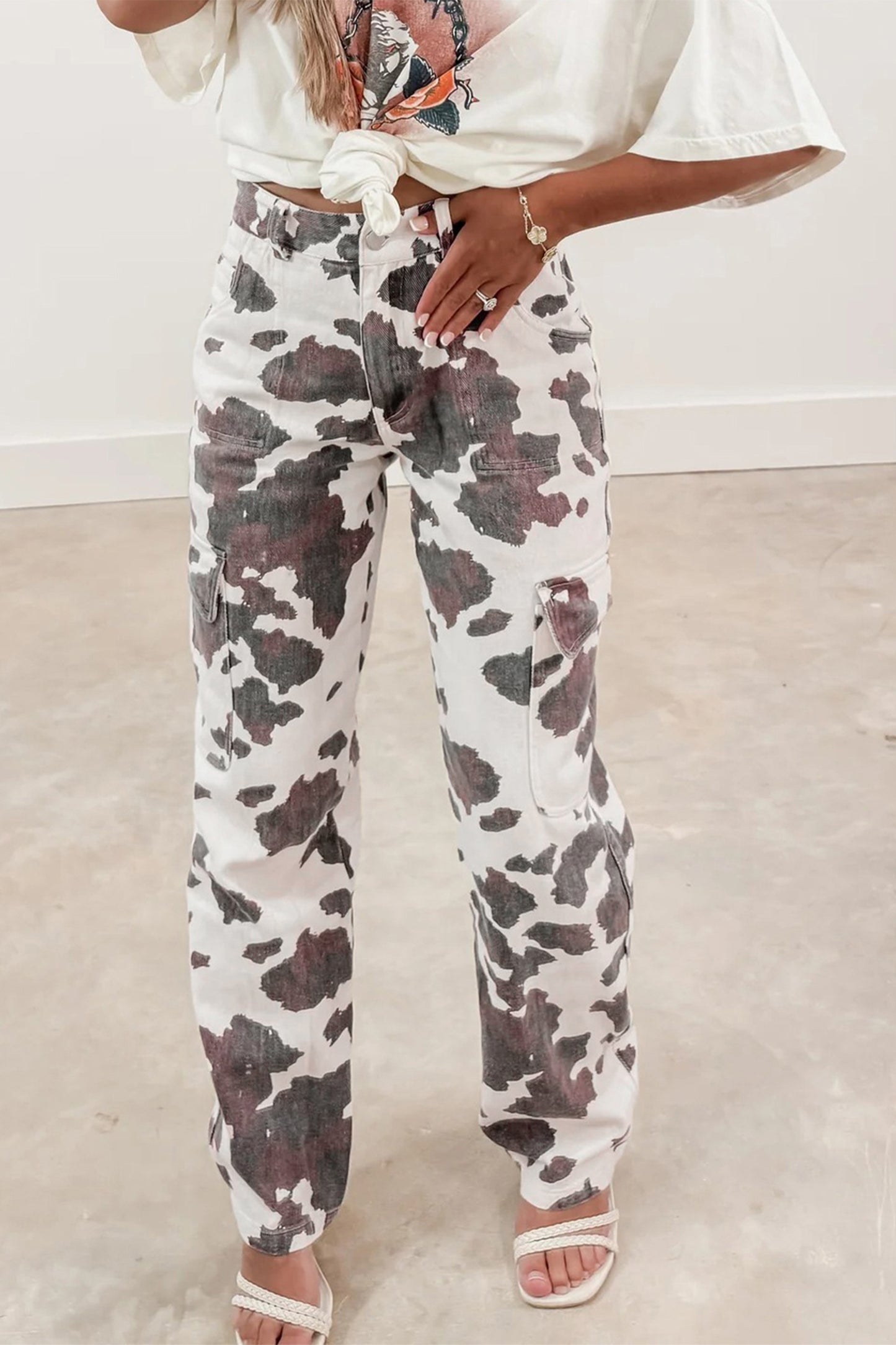 Western Cow Spot Cargo Pocket Straight Leg Jeans