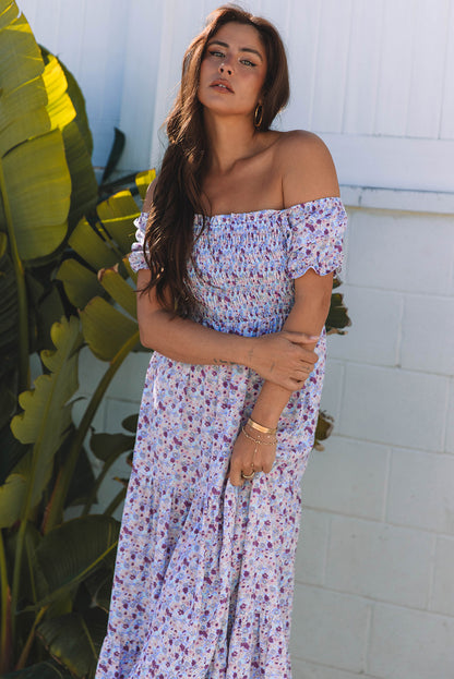 Floral Bubble Sleeve Shirred High Waist Maxi Dress