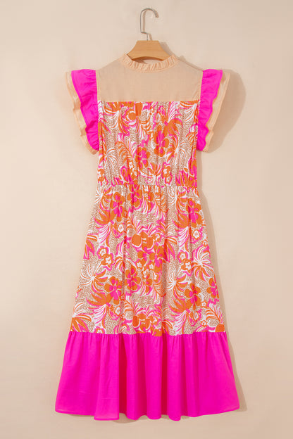 Floral Colorblock Ruffle Short Sleeve Midi Dress