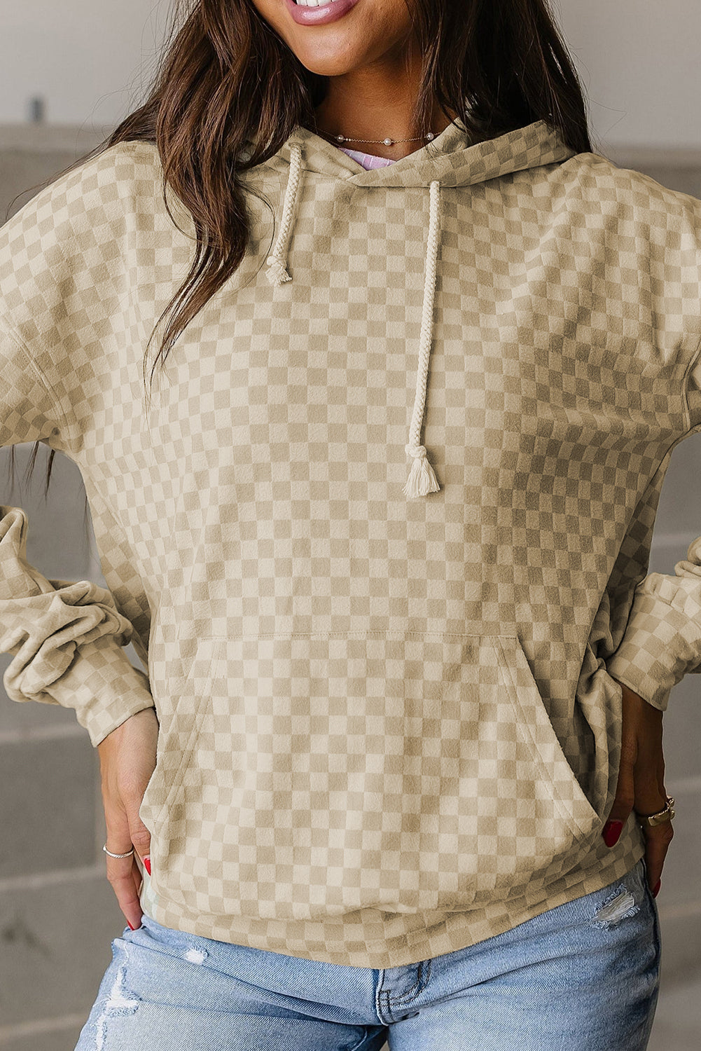 Checker Kangaroo Pocket Drawstring Hoodie