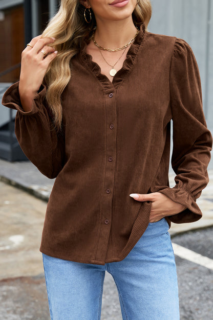 Solid Ruffle Trim V-Neck Long Sleeve Corduroy Shacket