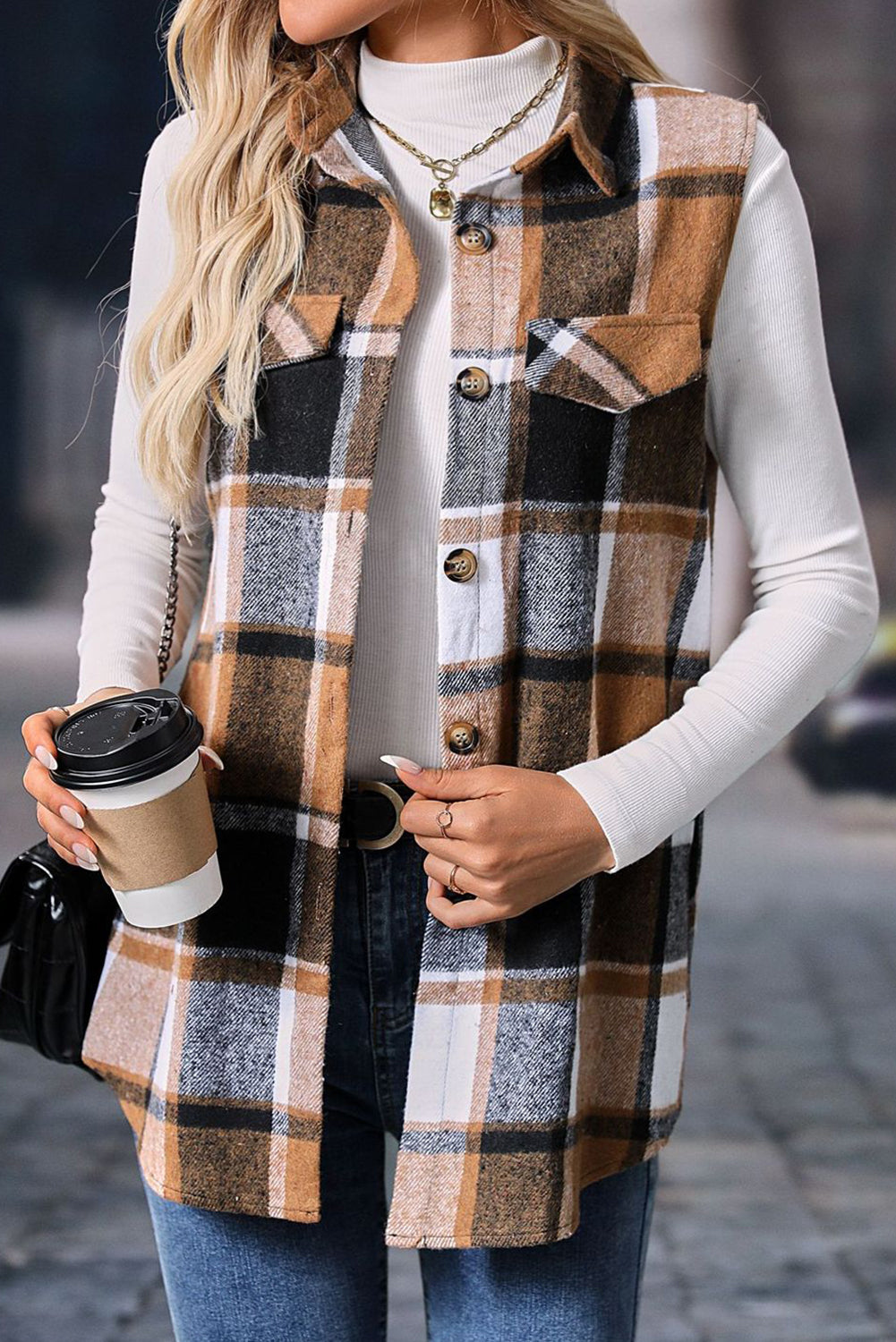 Plaid Button-Up Collared Vest