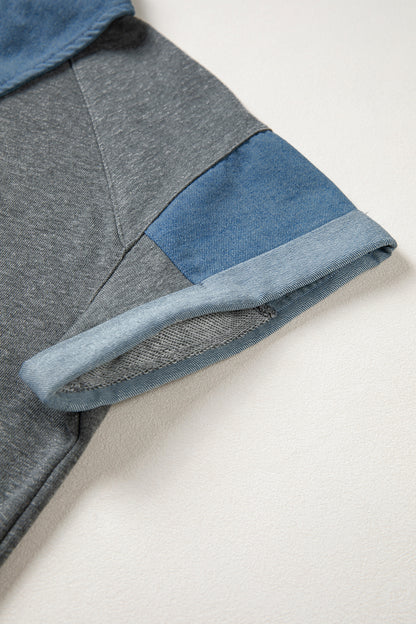 Colorblock Denim Patchwork Shirt Collar Blouse