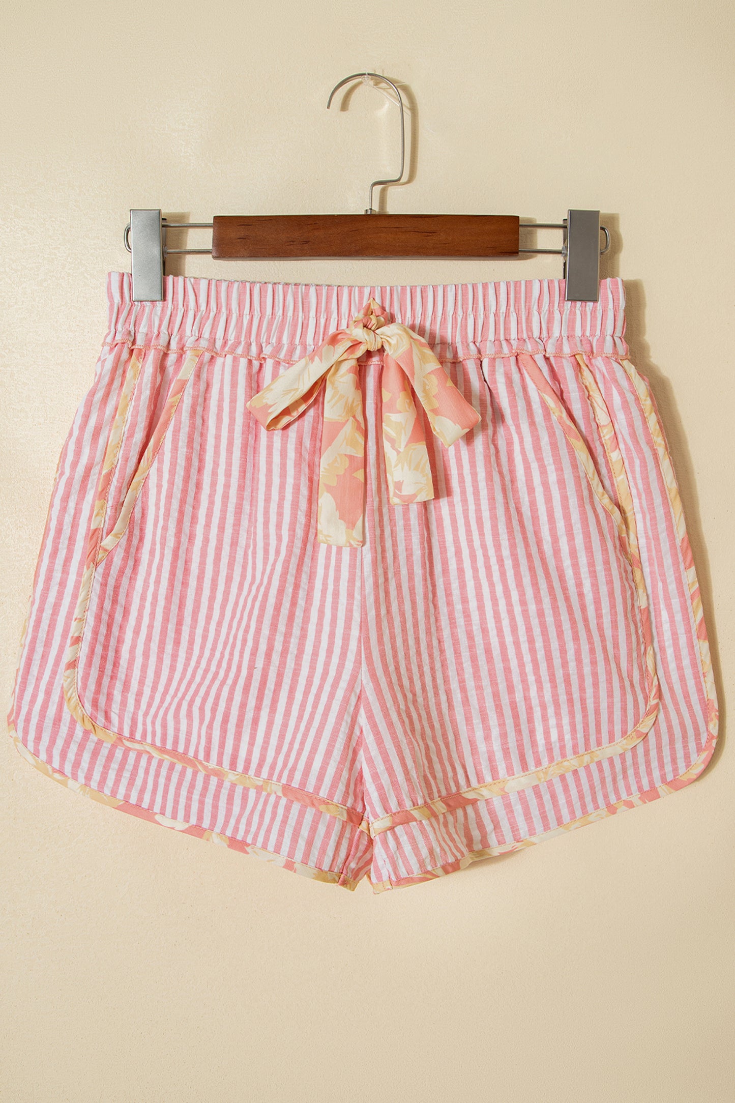 Stripe Floral Trim Ribbon Drawstring Waist Shorts