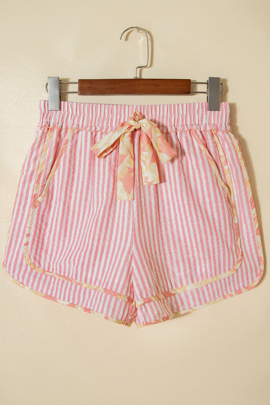 Stripe Floral Trim Ribbon Drawstring Waist Shorts