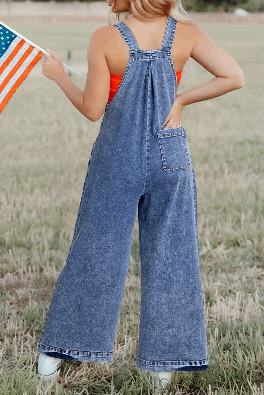 Denim Wash Wide Leg  Overalls