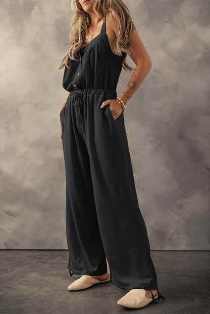 Waffle Button Front Pocketed Jumpsuit