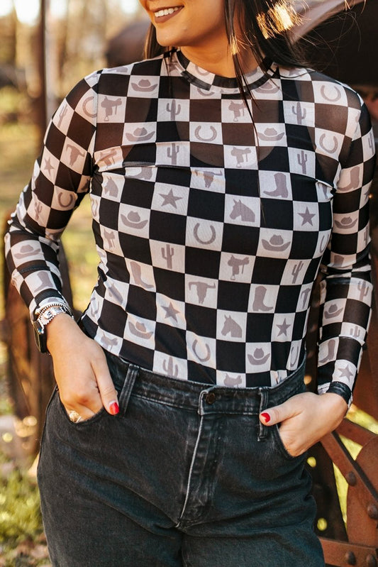 Checker Western Elements Long Sleeve Top