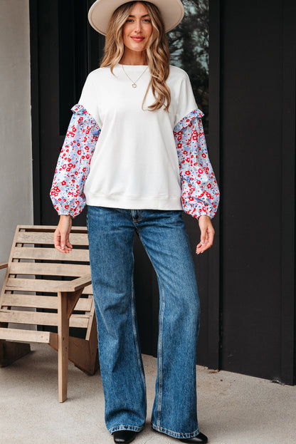 Floral Patchwork Ruffle Balloon Sleeve Blouse