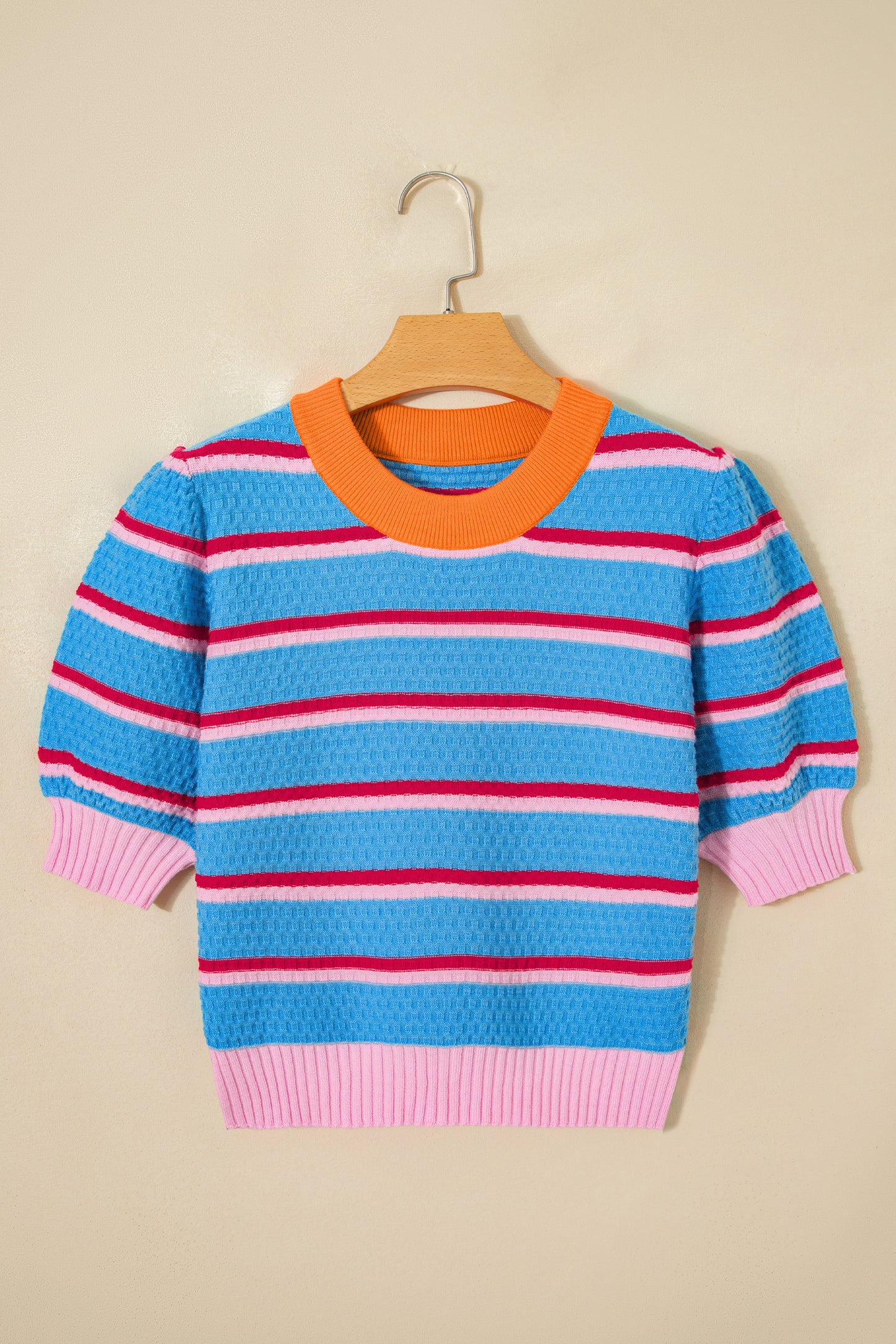 Stripe Colorblock Trim 3/4 Sleeve Sweater Top
