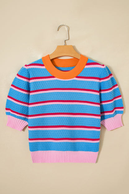 Stripe Colorblock Trim 3/4 Sleeve Sweater Top