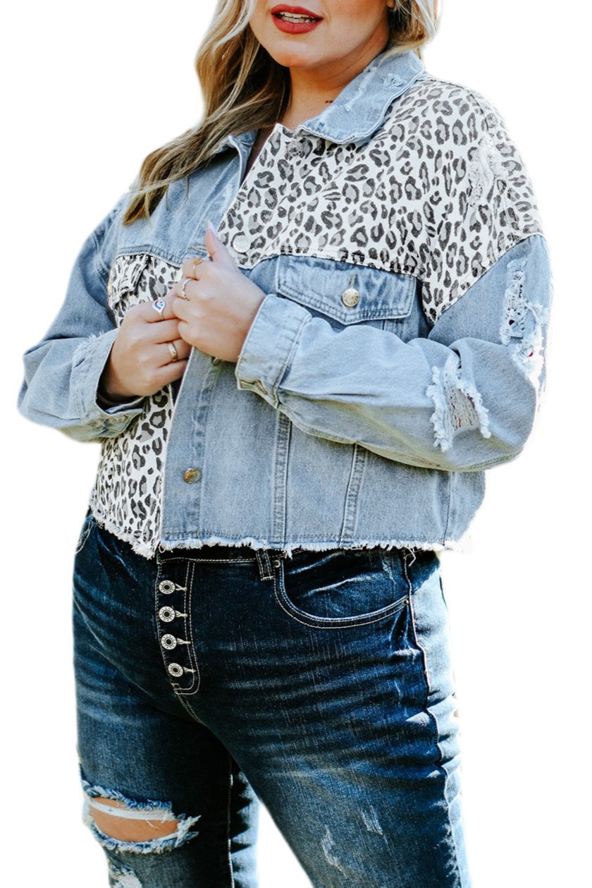 Plus Size Leopard Denim Cropped Jacket