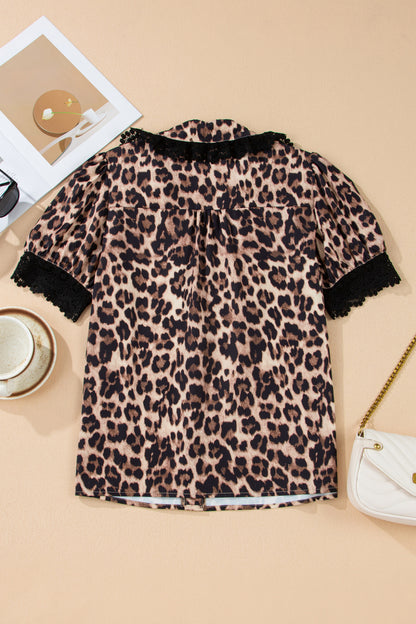 Leopard Lace Trim Short Sleeve Buttoned Shirt