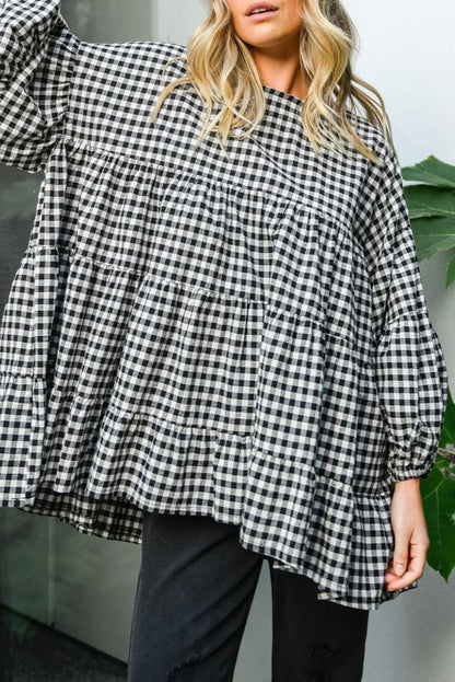 Checker Puff Sleeve Tiered Blouse