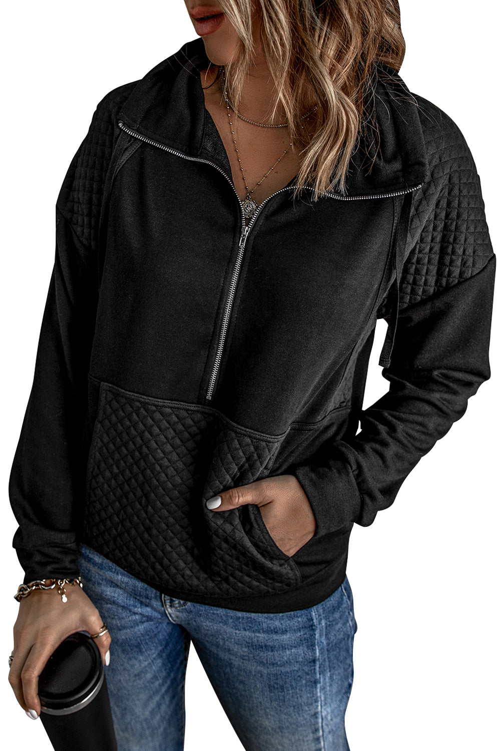 Quilted Patchwork Half Zip Sweatshirt