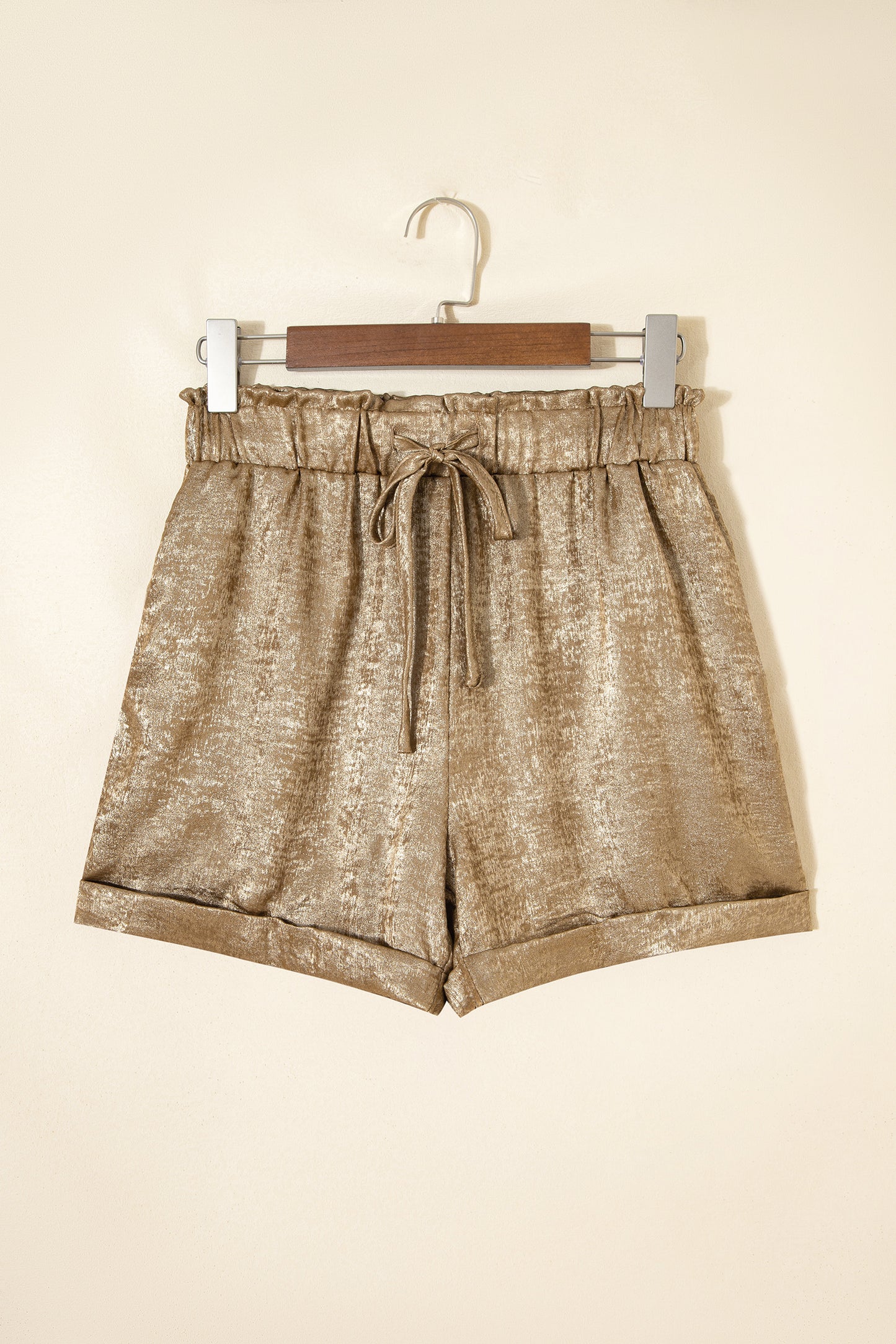 Metallic Tie Elastic Waist Cuffed Hem Shorts