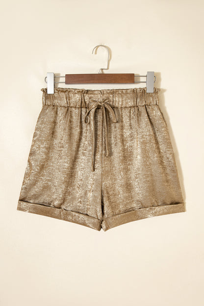 Metallic Tie Elastic Waist Cuffed Hem Shorts