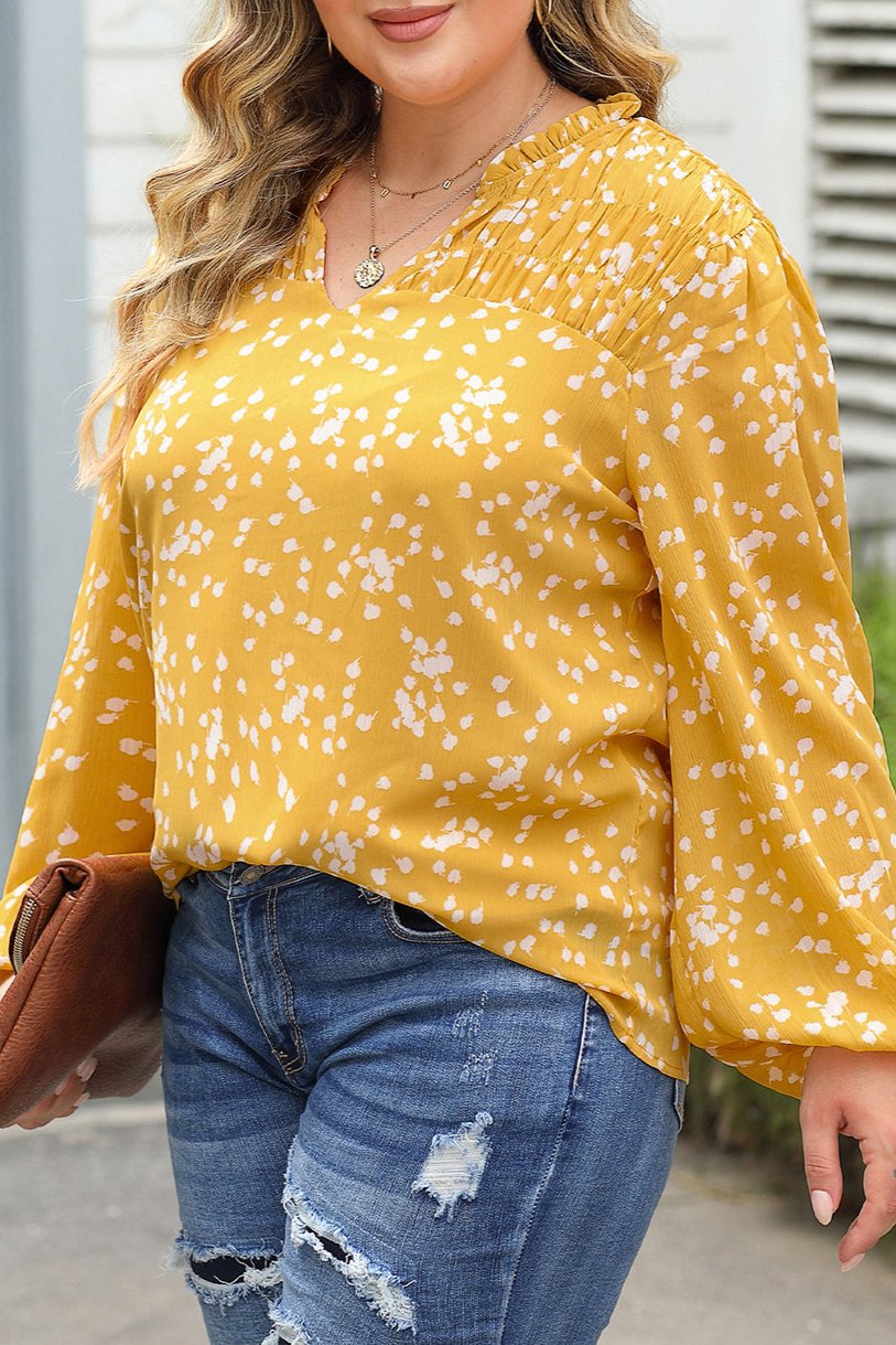 Plus Size Floral Ruched Split Neck Blouse