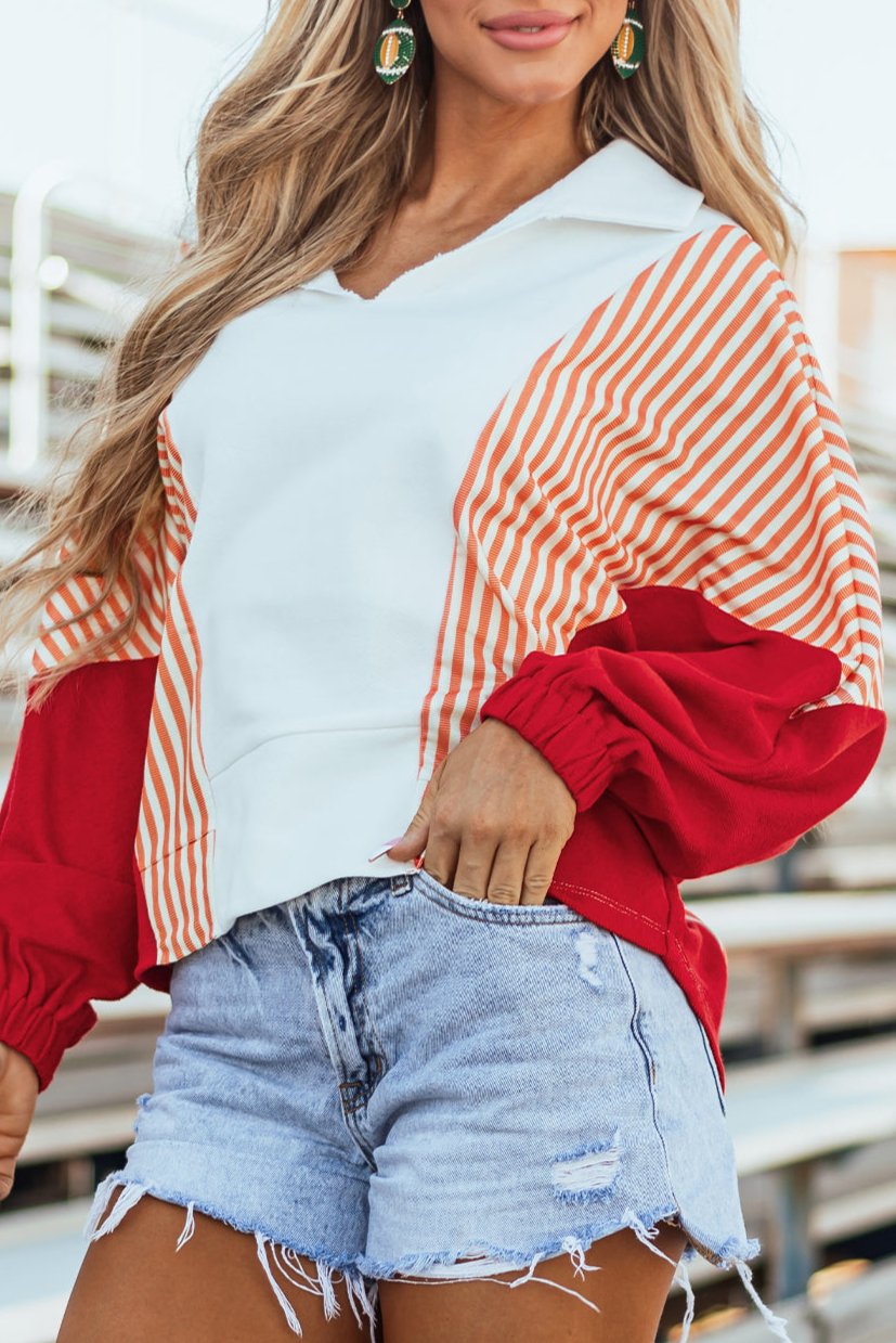 Stripe Colorblock V-Neck Oversized Sweatshirt