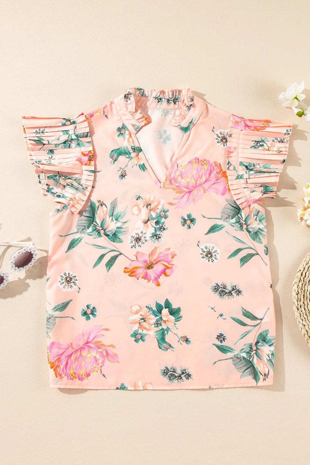 Floral Frilled V-Neck Pleated Sleeve Blouse