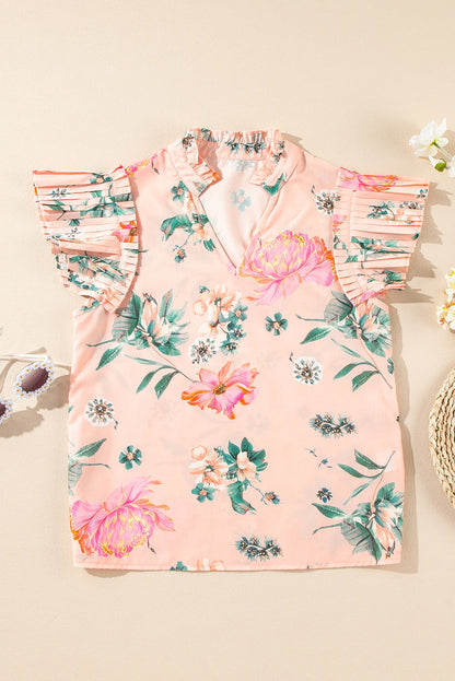 Floral Frilled V-Neck Pleated Sleeve Blouse