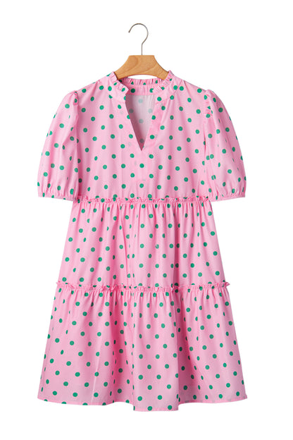 Polka Dot V-Neck Short Sleeve Tiered Mini Dress