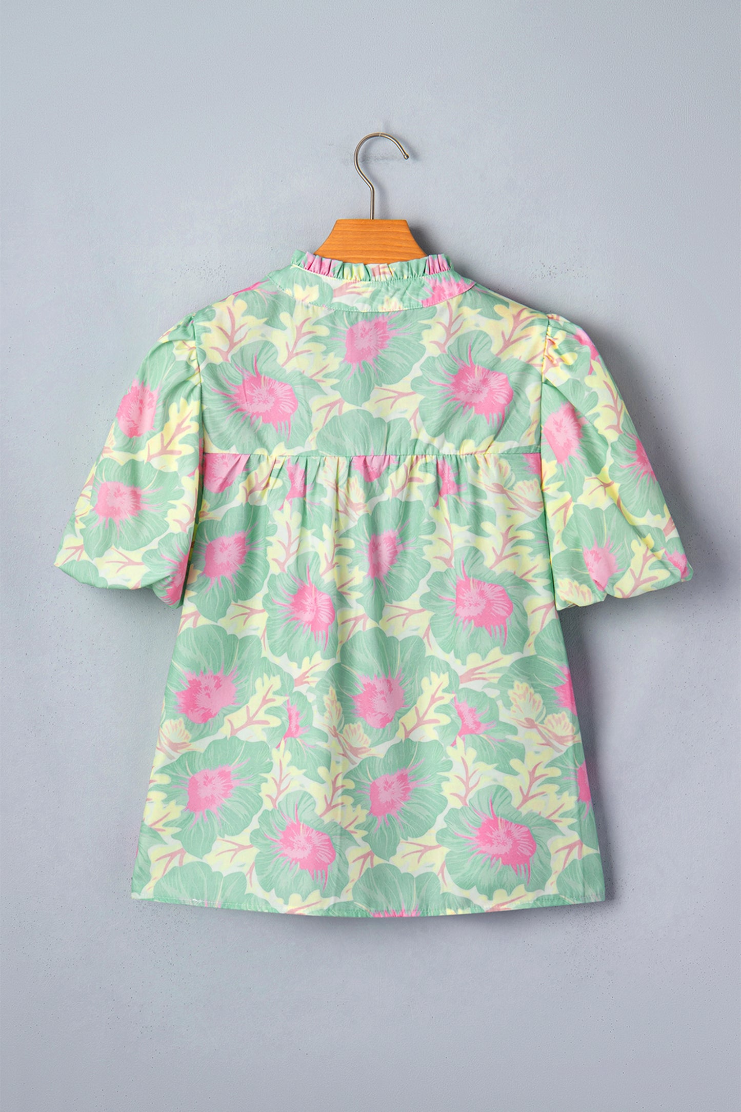 Floral Frilled V-Neck Bubble Sleeve Babydoll Blouse