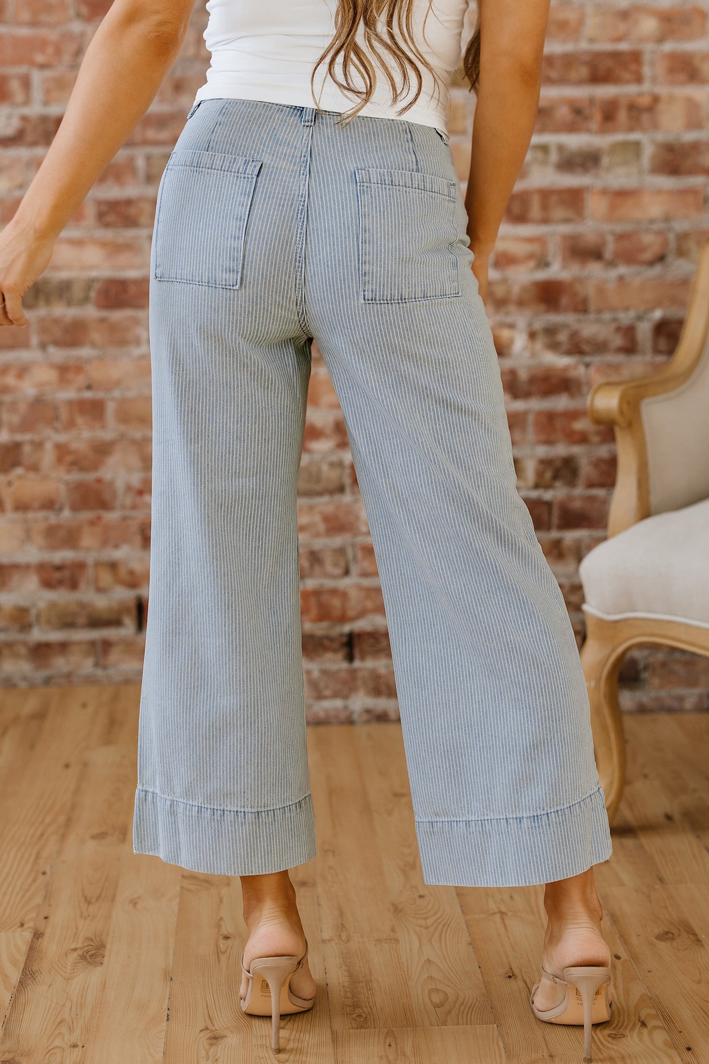 Stripe Denim Button Flap Pocket Cuffed Hem Jeans