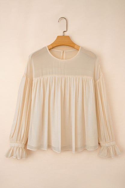 Solid Chiffon Pleated Ruffle Long Sleeve Blouse