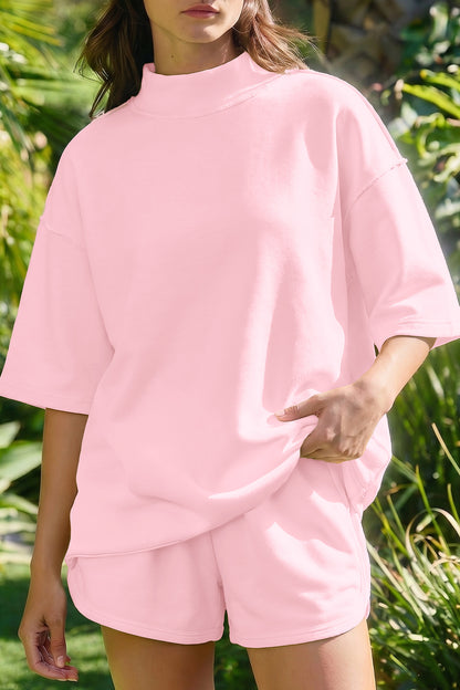 Solid Exposed Seam Mock Neck Tee & Shorts Set